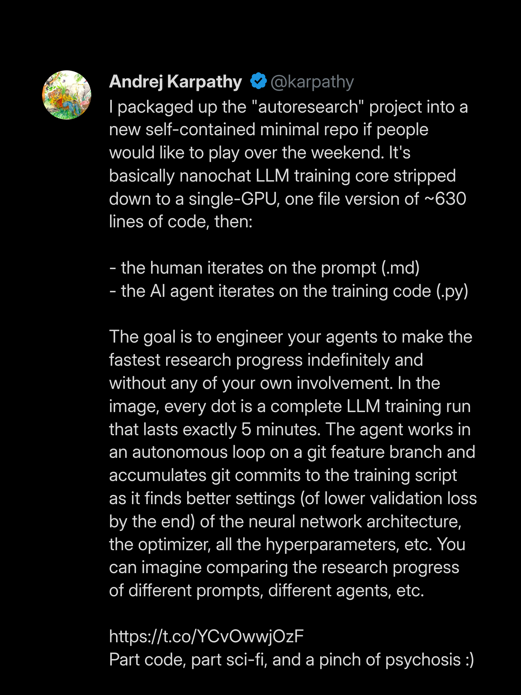 Andrej Karpathy announcing autoresearch on X